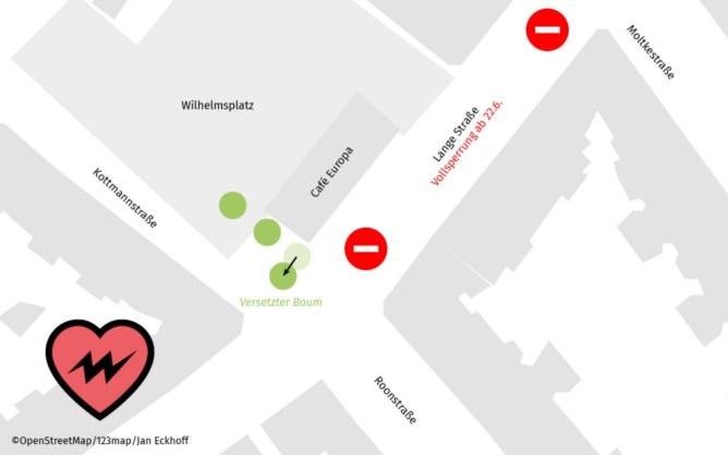 Karte der Wilhelmsplatzes, Sperrung und geplanter Standort des Baumes sind eingezeichnet